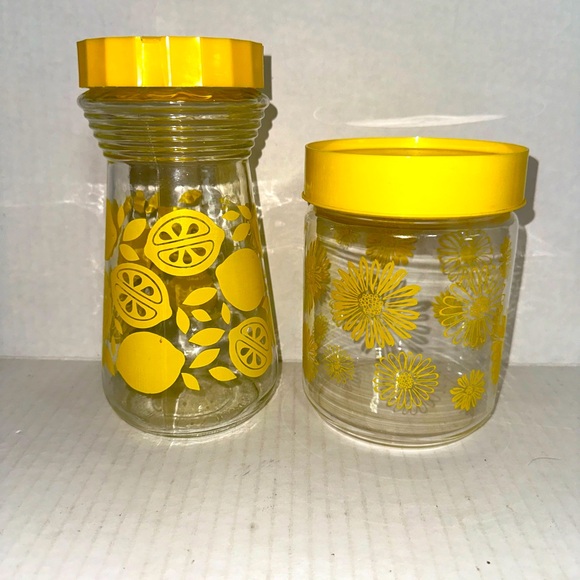 Corningware Other - Vintage Lemon Glass Juice Carafe & Corning Ware Yellow Daisy Glass Canister